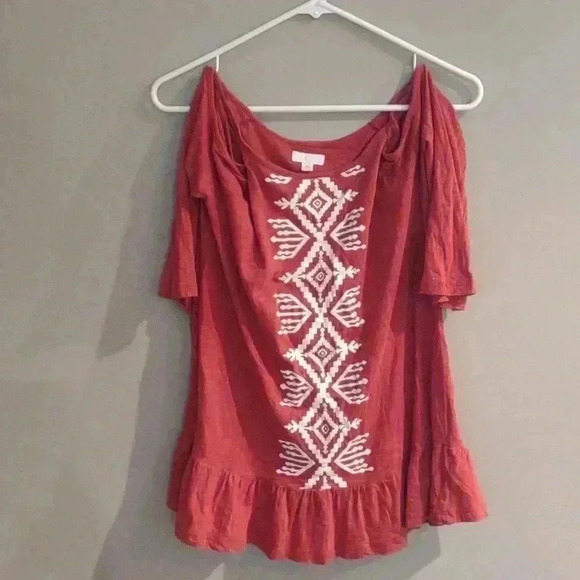 Charming Charlie rust red open shoulder 3/4 sleeve top w/Aztec print women's med - Picture 1 of 5